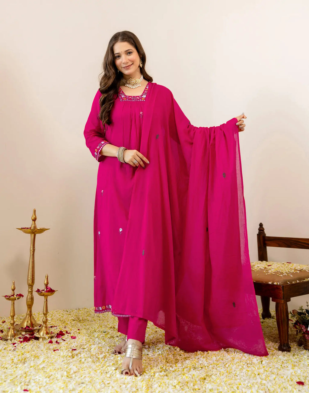 Fuchsia Pink Glass Neck Embroidered Anarkali 3 Piece Kurta Set with Dupatta