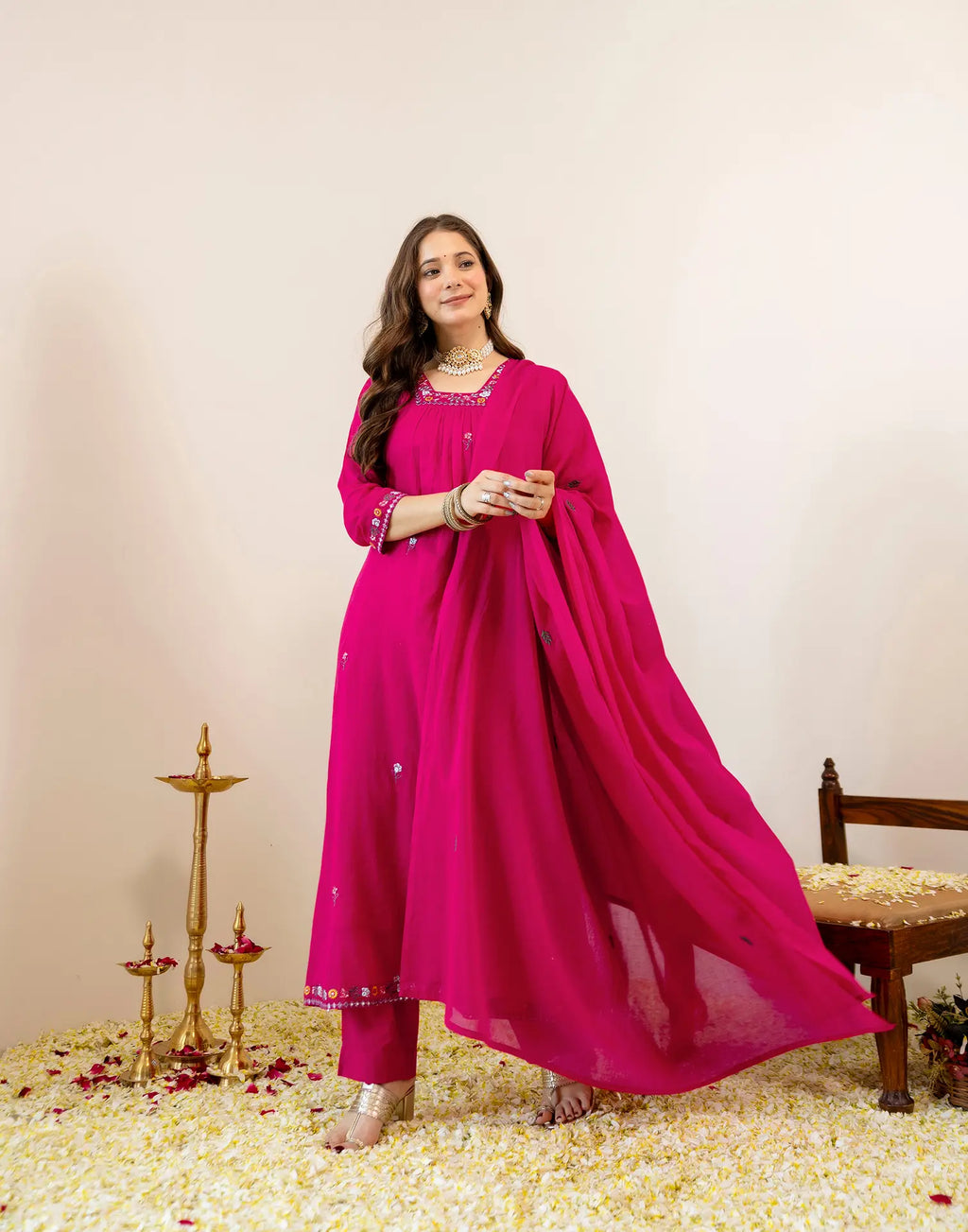 Fuchsia Pink Glass Neck Embroidered Anarkali 3 Piece Kurta Set with Dupatta