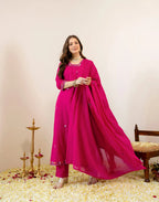 Fuchsia Pink Glass Neck Embroidered Anarkali 3 Piece Kurta Set with Dupatta