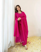 Fuchsia Pink Glass Neck Embroidered Anarkali 3 Piece Kurta Set with Dupatta