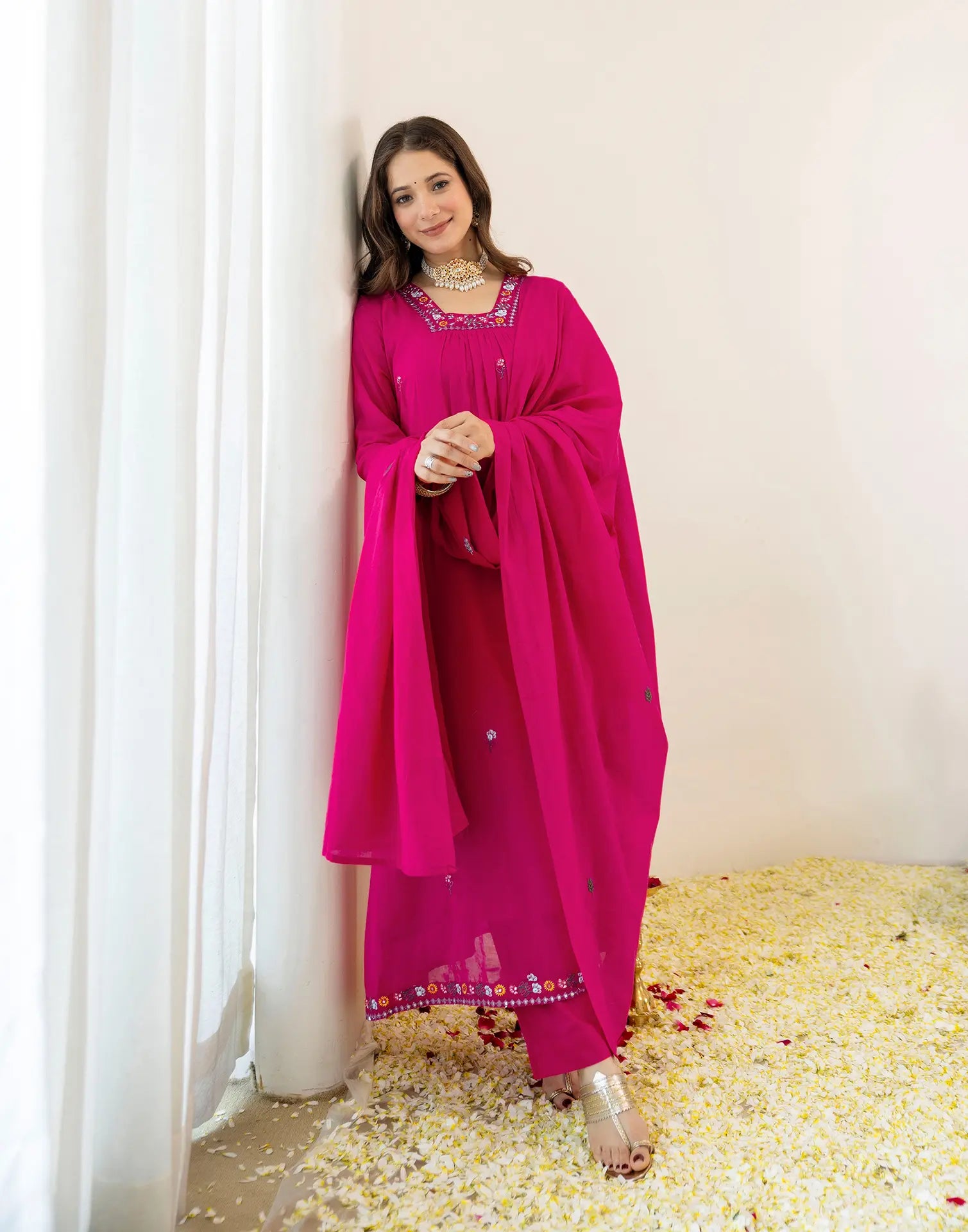 Fuchsia Pink Glass Neck Embroidered Anarkali 3 Piece Kurta Set with Dupatta