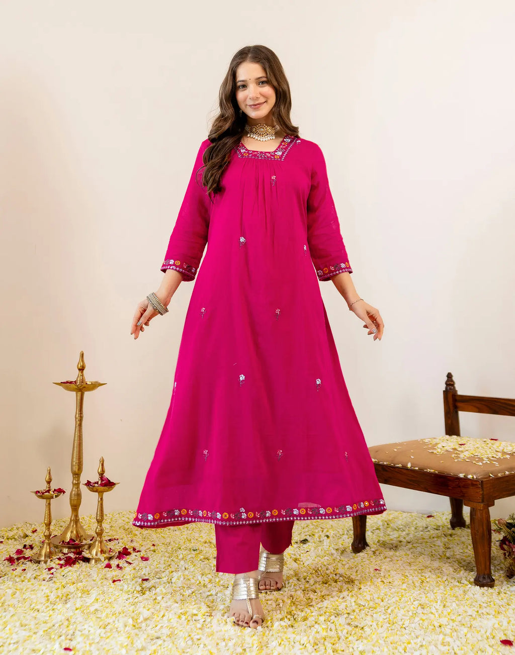 Fuchsia Pink Glass Neck Embroidered Anarkali 3 Piece Kurta Set with Dupatta