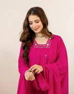 Fuchsia Pink Glass Neck Embroidered Anarkali 3 Piece Kurta Set with Dupatta