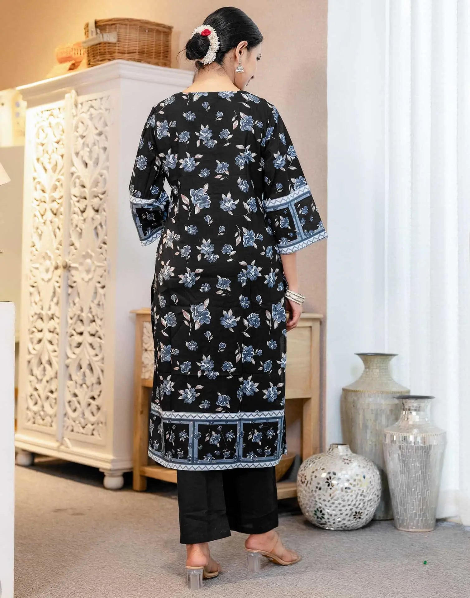 Affordable Blue Cotton Printed Straight Kurta Set with Pant & Dupatta under 799