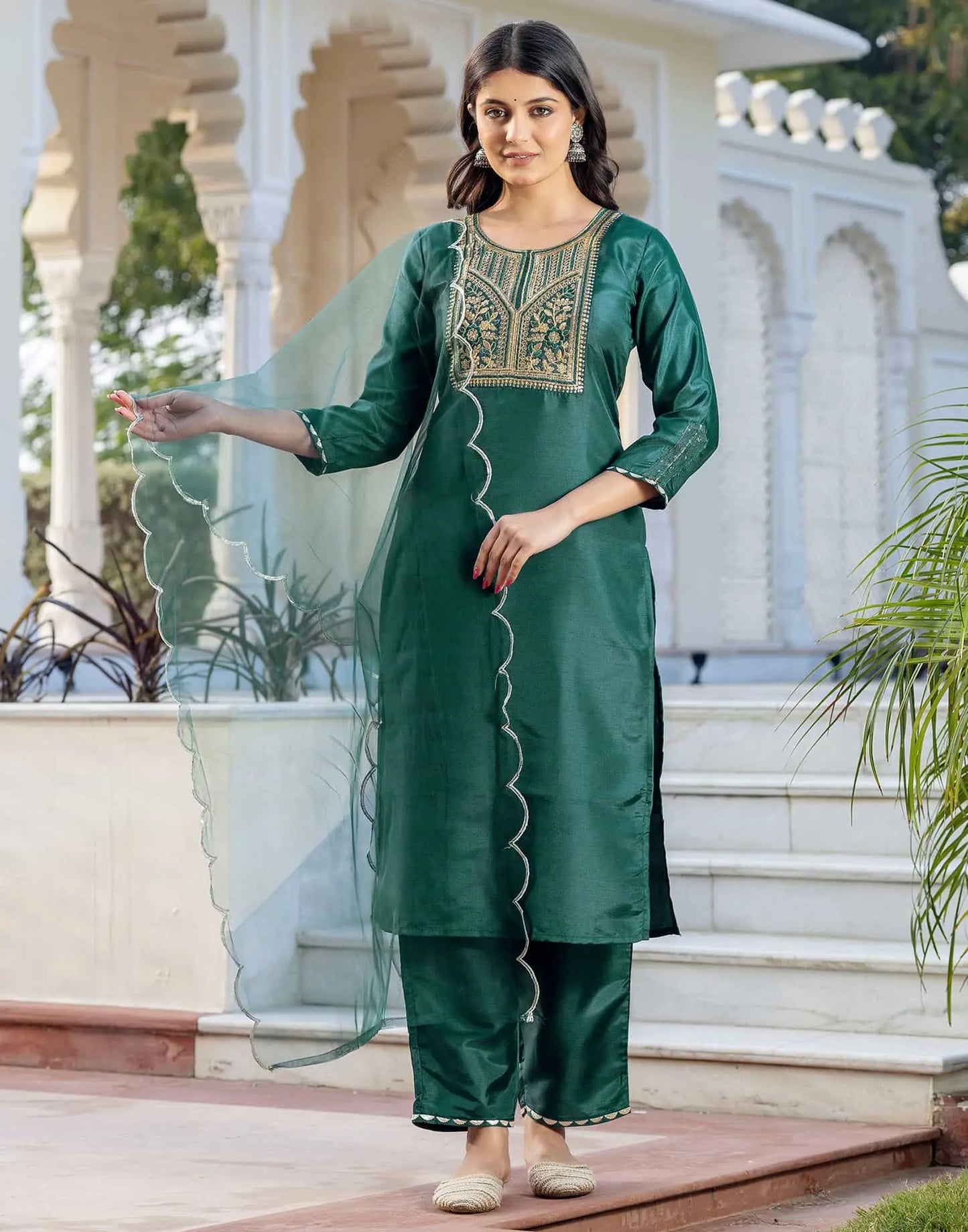 Silk Blend Embroidery and Sequins Work Straight Kurta with Pant & Dupatta