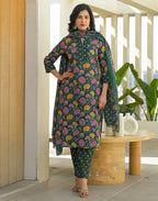 Skylee Cotton Floral Print Straight 3 Piece Kurta Set For Woman