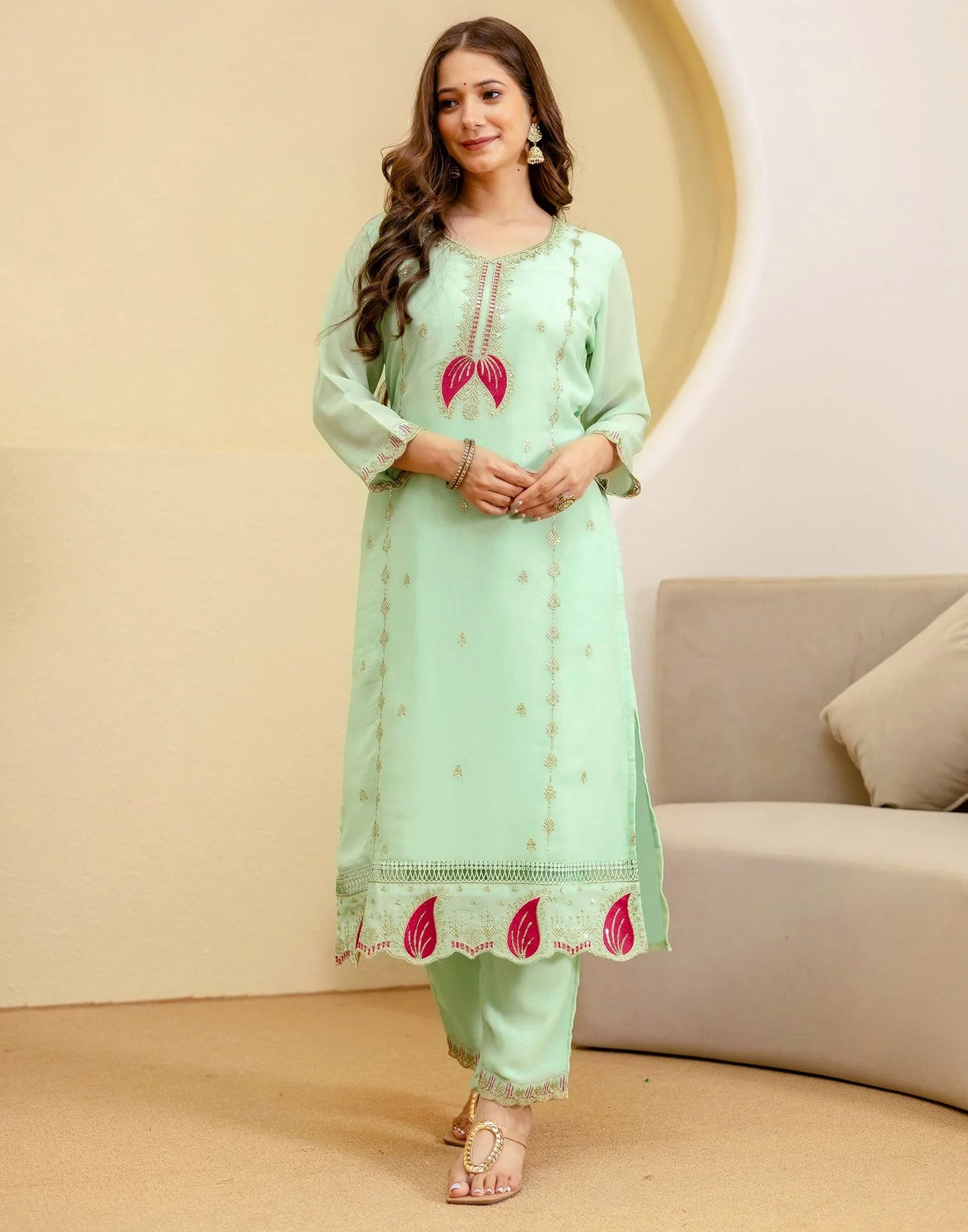 Green Georgette Embroidered Kurta Set with Pant & Dupatta