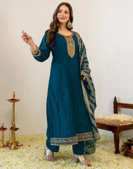 Teal Round Neck Embroidery Anarkali 3 Piece Kurta Set With Dupatta