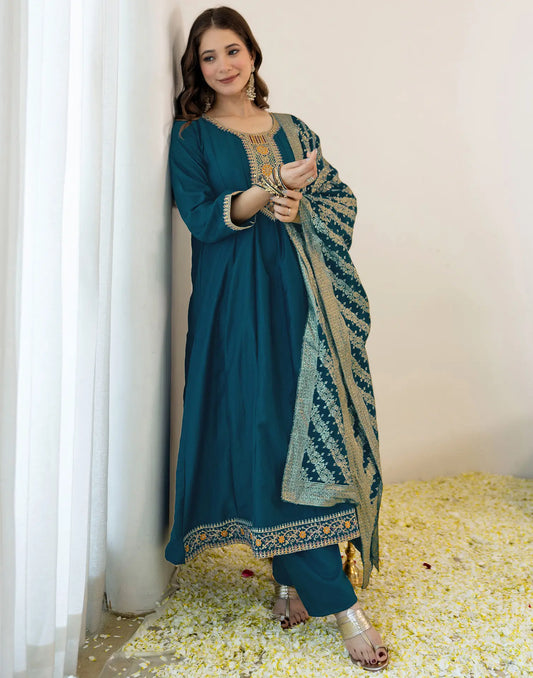Teal Round Neck Embroidery Anarkali 3 Piece Kurta Set With Dupatta