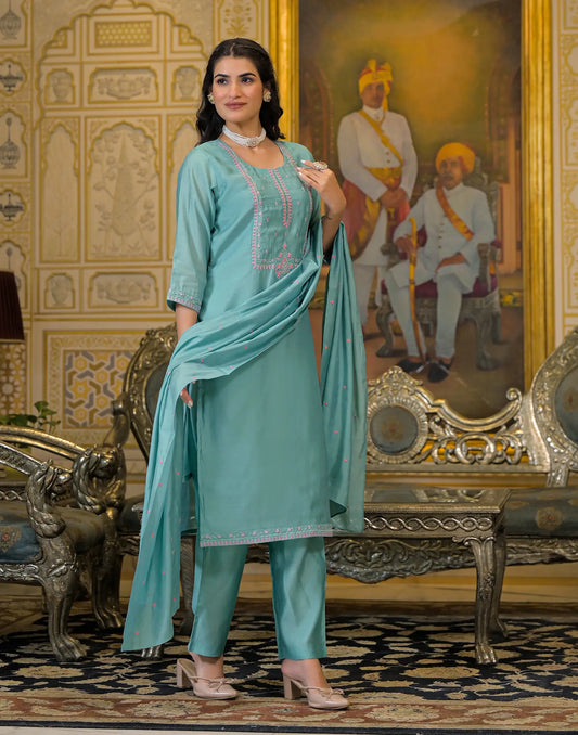 Aqua Round Neck Embroidery Straight 3 Piece Kurta Set With Dupatta