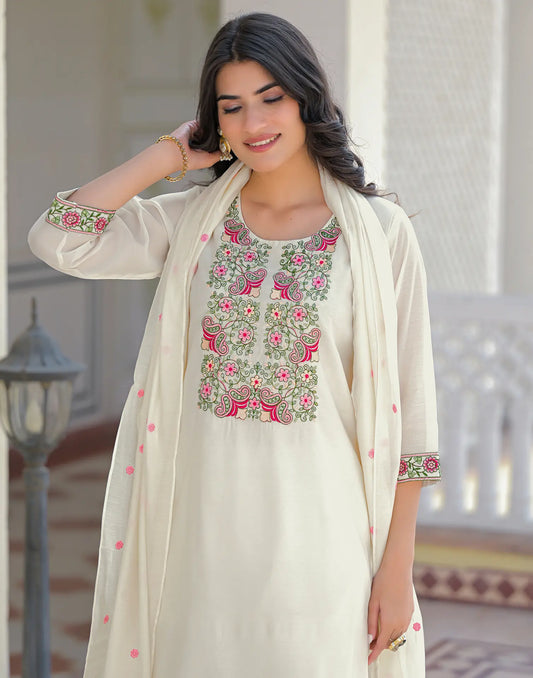 Milk White Round Neck Embroidery Straight 3 Piece Kurta Set With Dupatta