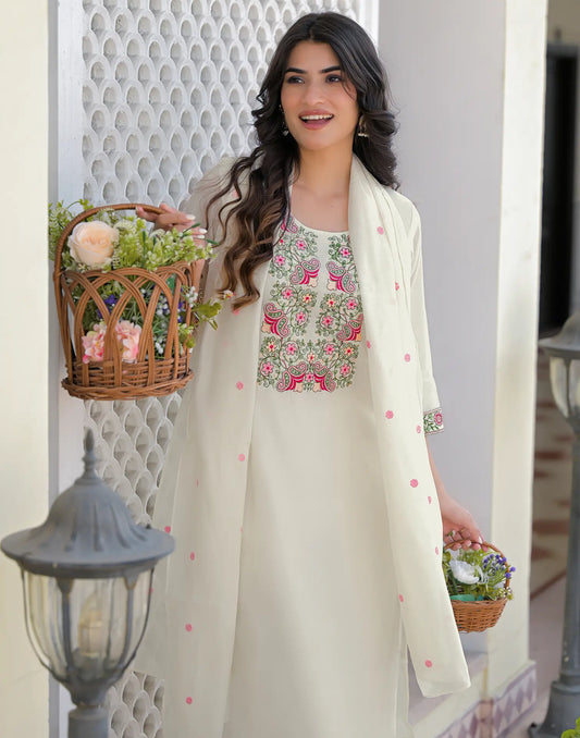 Milk White Round Neck Embroidery Straight 3 Piece Kurta Set With Dupatta