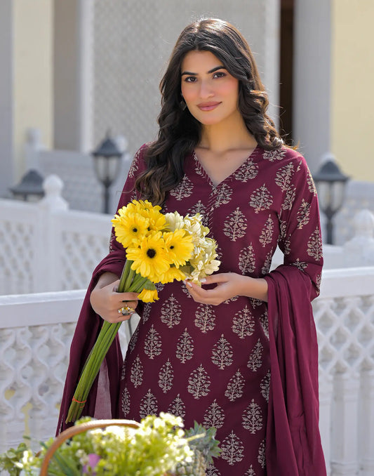 Claret Wine V-Neck Printed Straight 3 Piece Kurta Set With Dupatta