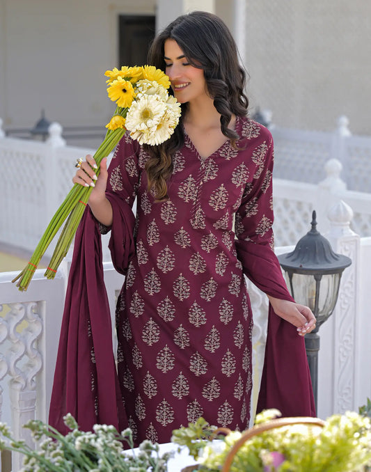 Claret Wine V-Neck Printed Straight 3 Piece Kurta Set With Dupatta