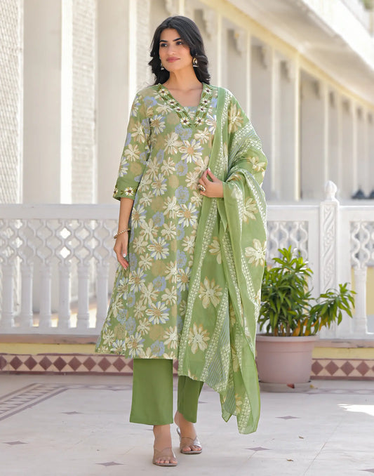 Olive Green Glass Neck Embellished Straight 3 Piece Kurta Set With Dupatta