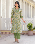 Skylee Cotton Printed Straight 3 Piece Kurta Set For Woman