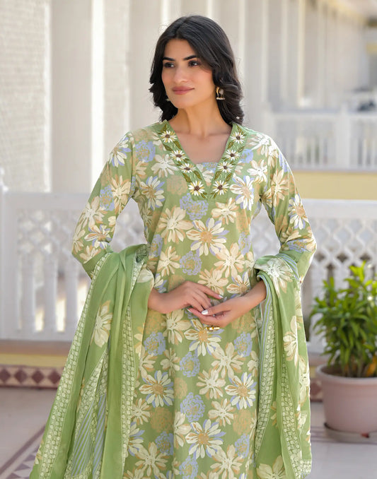 Olive Green Glass Neck Embellished Straight 3 Piece Kurta Set With Dupatta