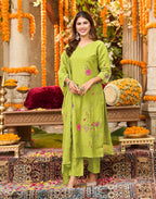 Fruity Kiwi Green V-Neck Embroidered Straight 3 Piece Kurta Set with Dupatta