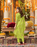 Fruity Kiwi Green V-Neck Embroidered Straight 3 Piece Kurta Set with Dupatta