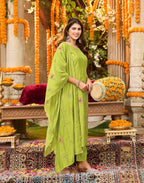 Fruity Kiwi Green V-Neck Embroidered Straight 3 Piece Kurta Set with Dupatta