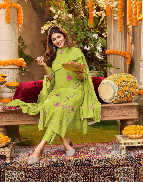 Fruity Kiwi Green V-Neck Embroidered Straight 3 Piece Kurta Set with Dupatta
