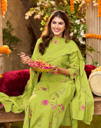 Fruity Kiwi Green V-Neck Embroidered Straight 3 Piece Kurta Set with Dupatta