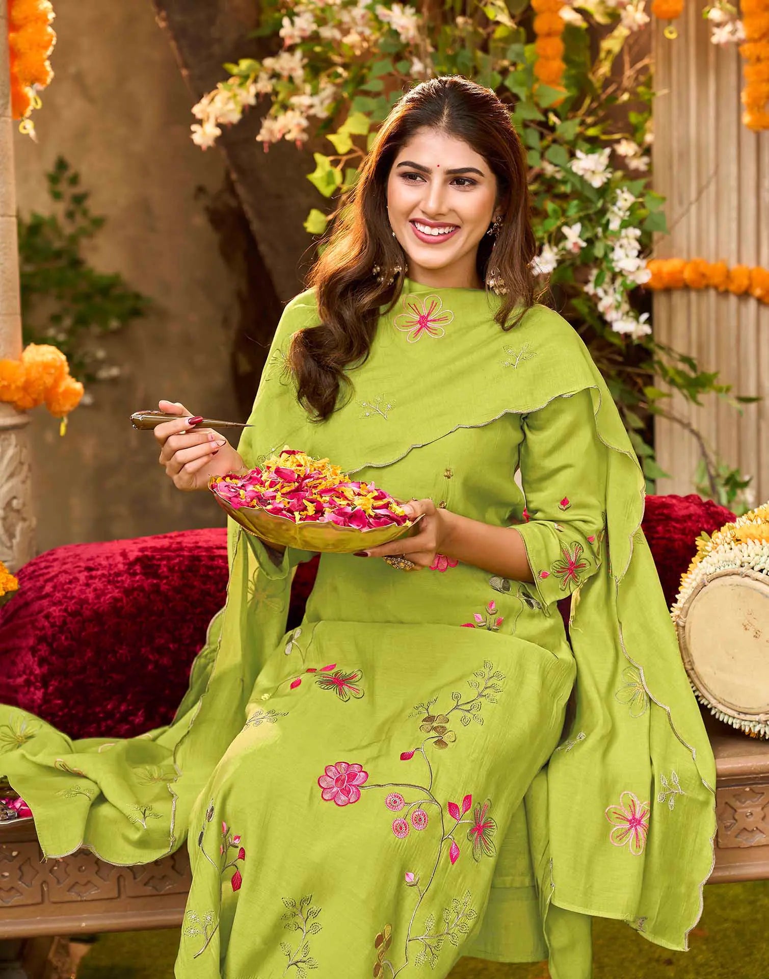 Mul Chanderi Embroidered Straight 3 Piece Kurta Set