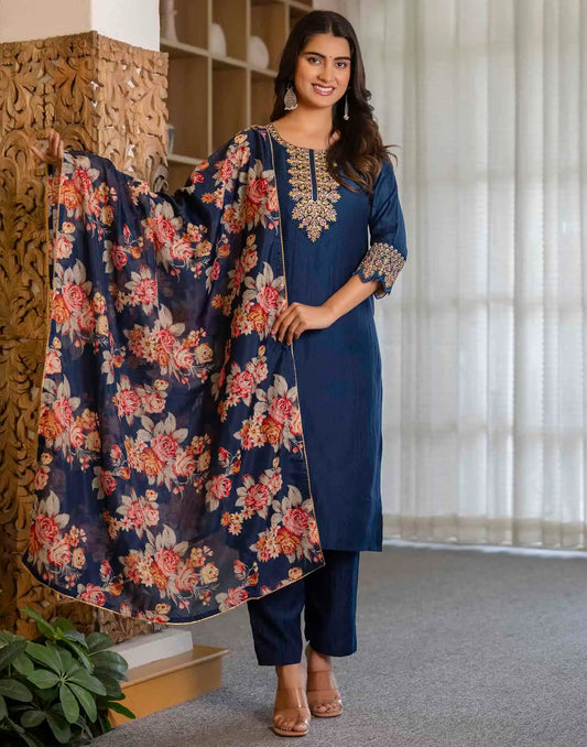 Silk Blend Embroidery, Sequence Work and lace Straight Kurta with Pant & Dupatta