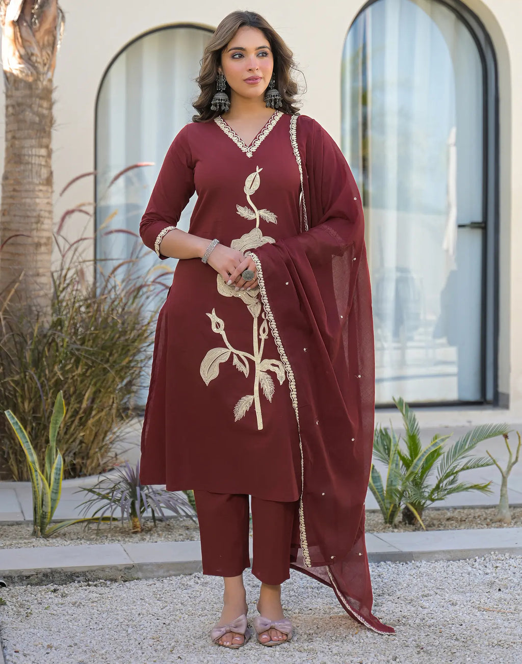 Skylee Cotton Embroidered Straight 3 Piece Kurta Set For Woman