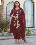 Skylee Cotton Embroidered Straight 3 Piece Kurta Set For Woman