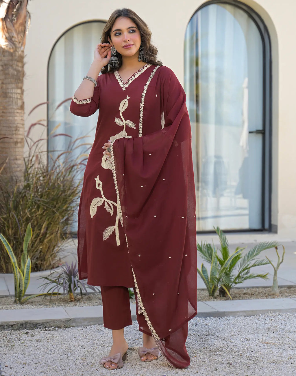 Skylee Cotton Embroidered Straight 3 Piece Kurta Set For Woman