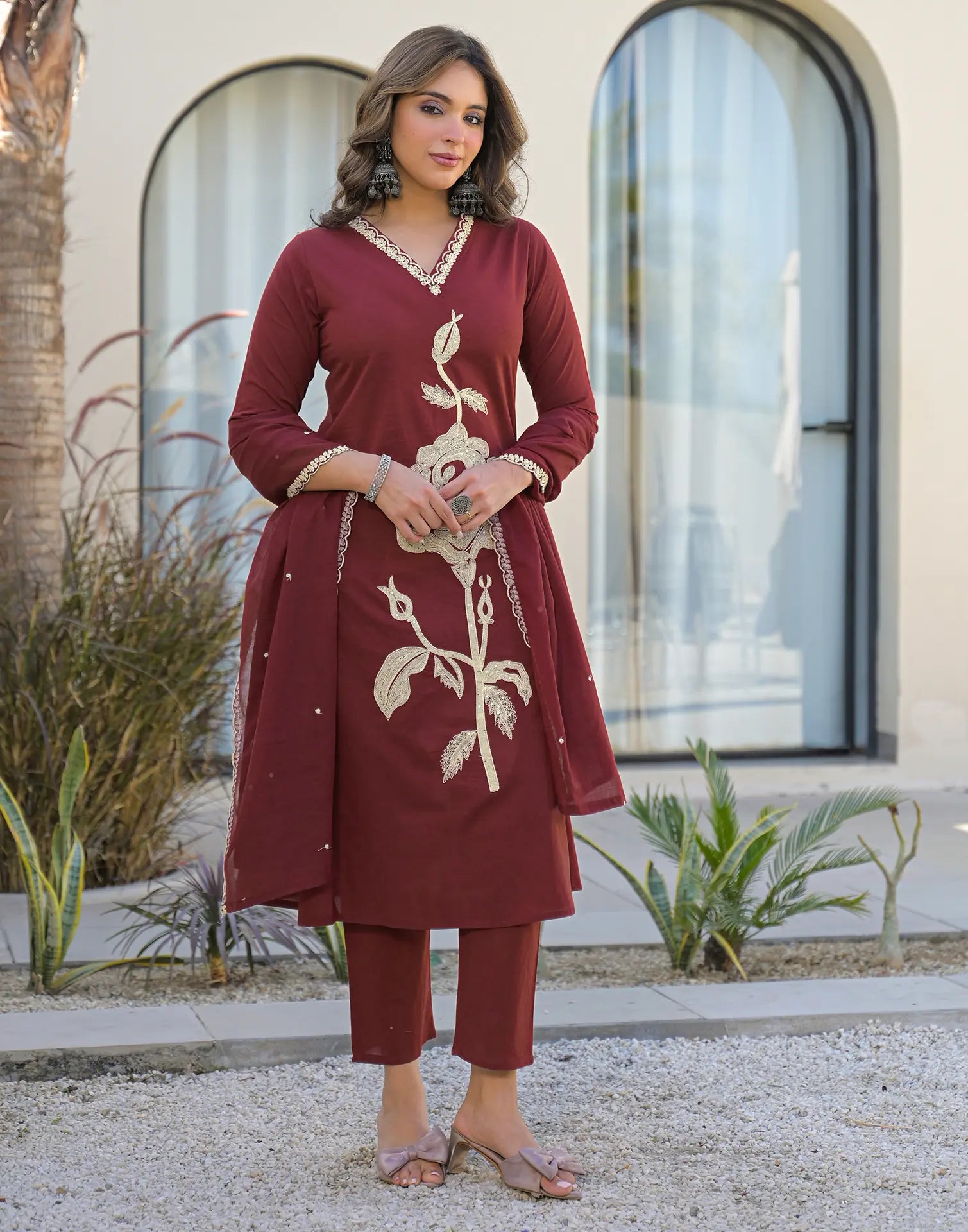 Skylee Cotton Embroidered Straight 3 Piece Kurta Set For Woman