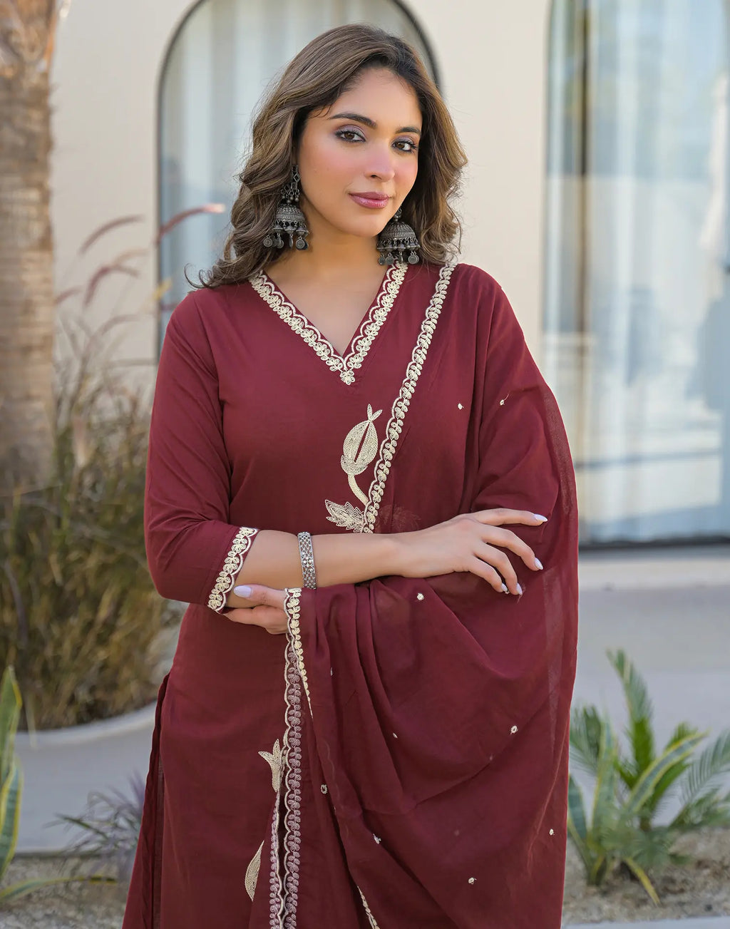 Skylee Cotton Embroidered Straight 3 Piece Kurta Set For Woman