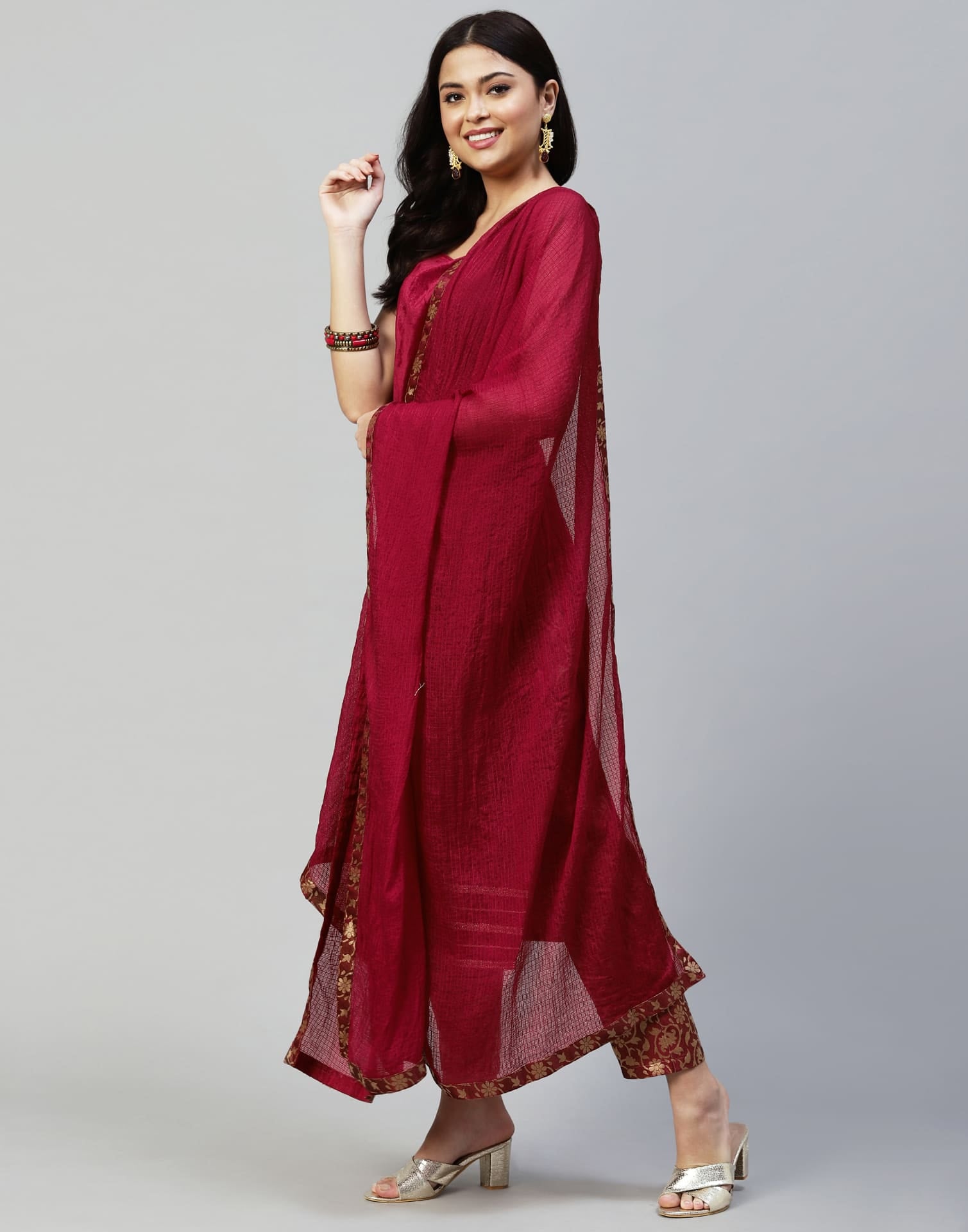 Maroon Velvet Straight Kurta Set with Pants & Dupatta under 1000