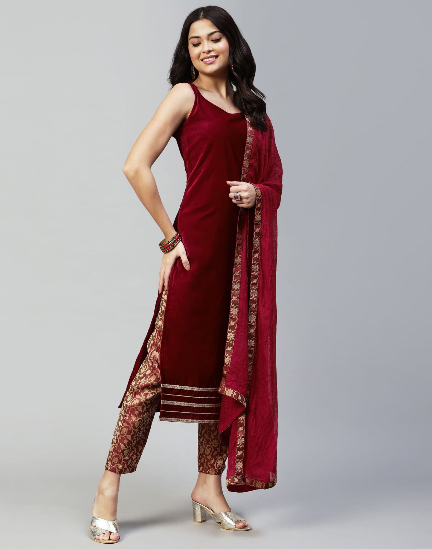 Maroon Velvet Straight Kurta Set with Pants & Dupatta under 1000