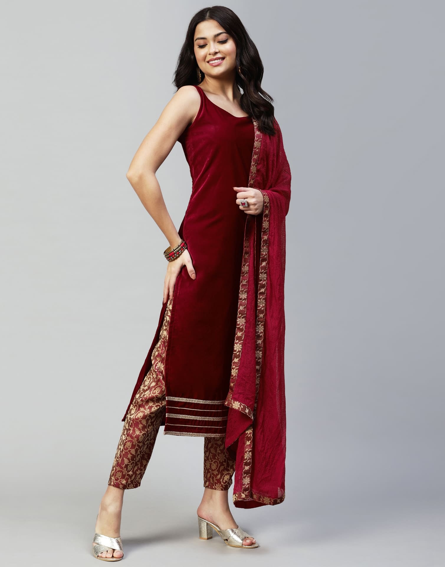 Maroon Velvet Straight Kurta Set with Pants & Dupatta under 1000