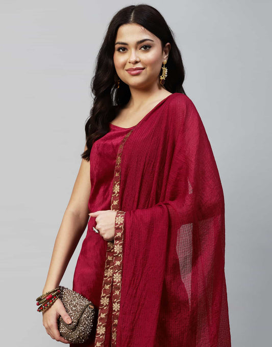 Maroon Velvet Straight Kurta Set with Pants & Dupatta under 1000