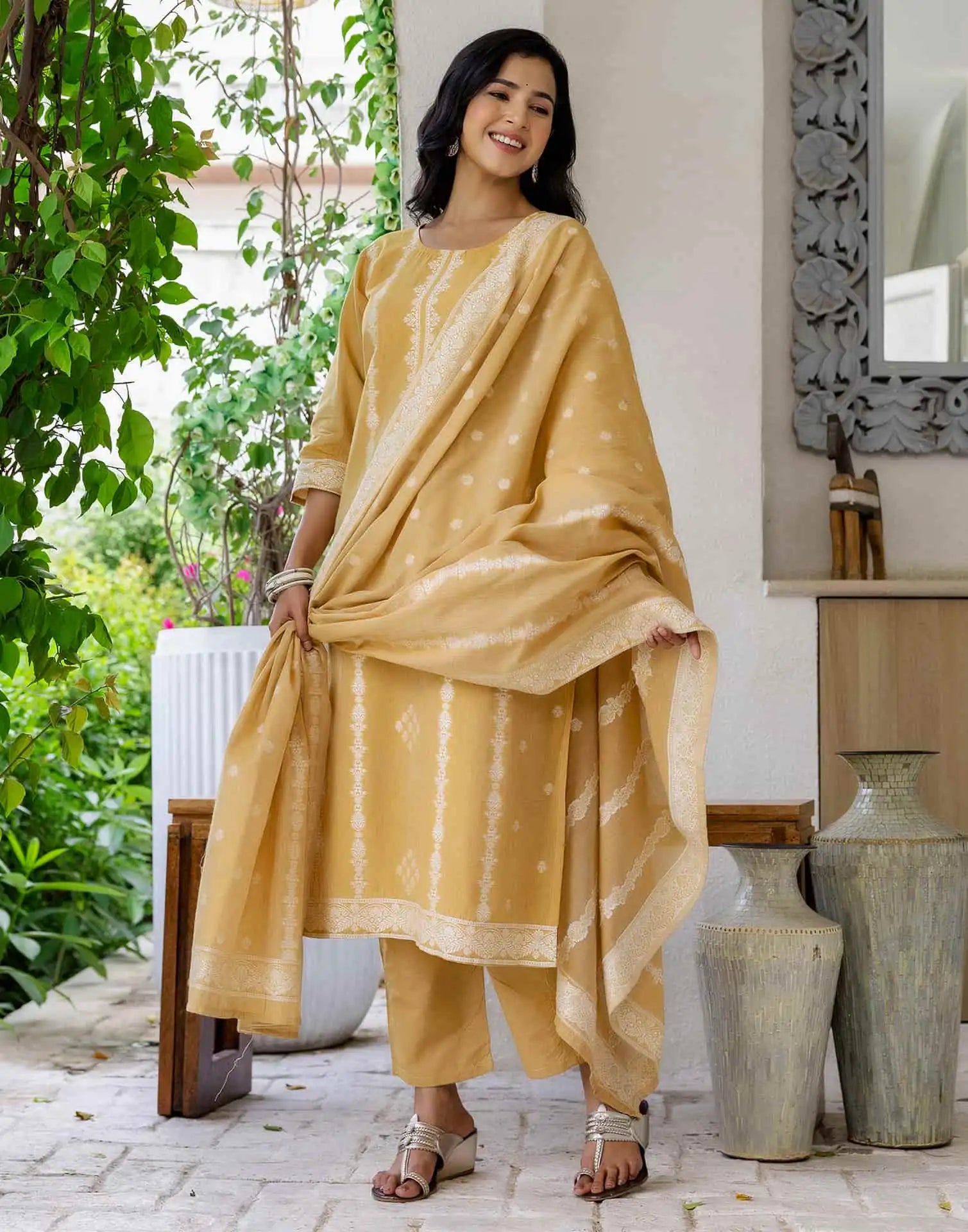 Yellow Cotton Straight Kurta Set with Pant and Dupatta under 1250 