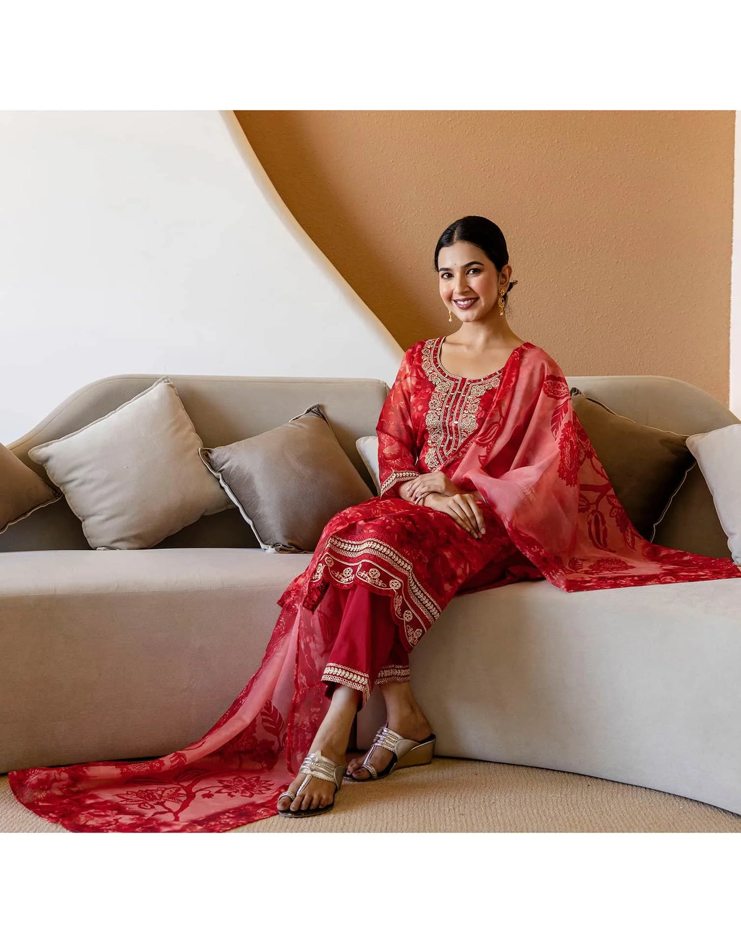 Red Organza Printed Straight Kurta Set with Pant & Dupatta for Women  Festive & Karwa Chauth Special