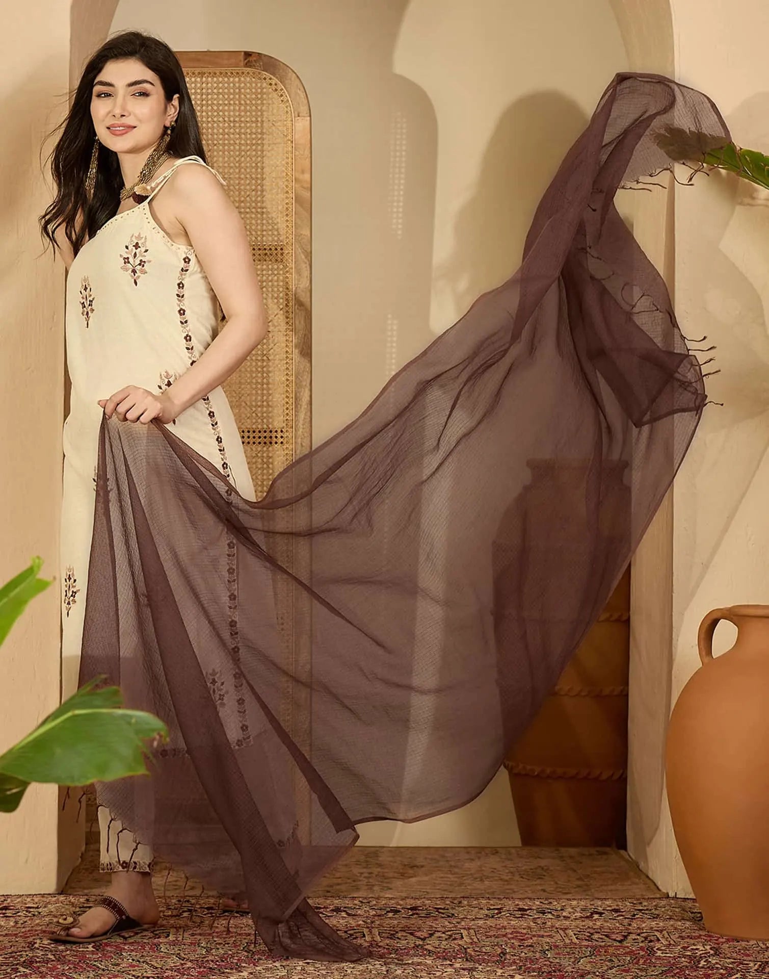 Beige Cotton Embroidered Straight Kurta Set with Pant & Dupatta Affordable Square Neck Ethnic Kurti for Casual