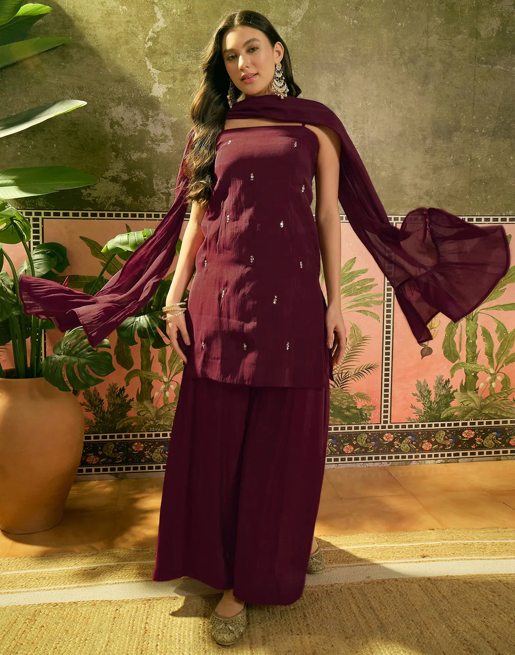 Silk Sequins Work Straight 3 Piece Kurta Set