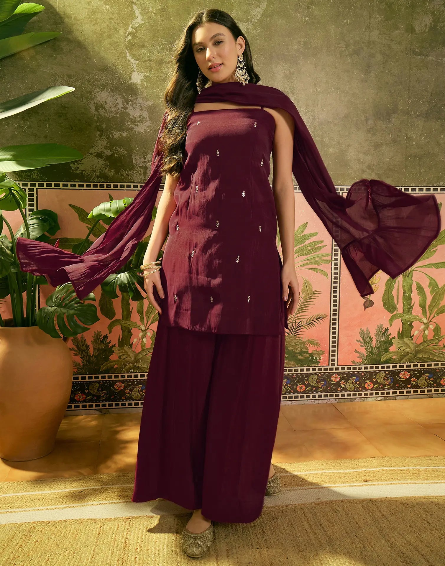 Silk Sequins Work Straight 3 Piece Kurta Set