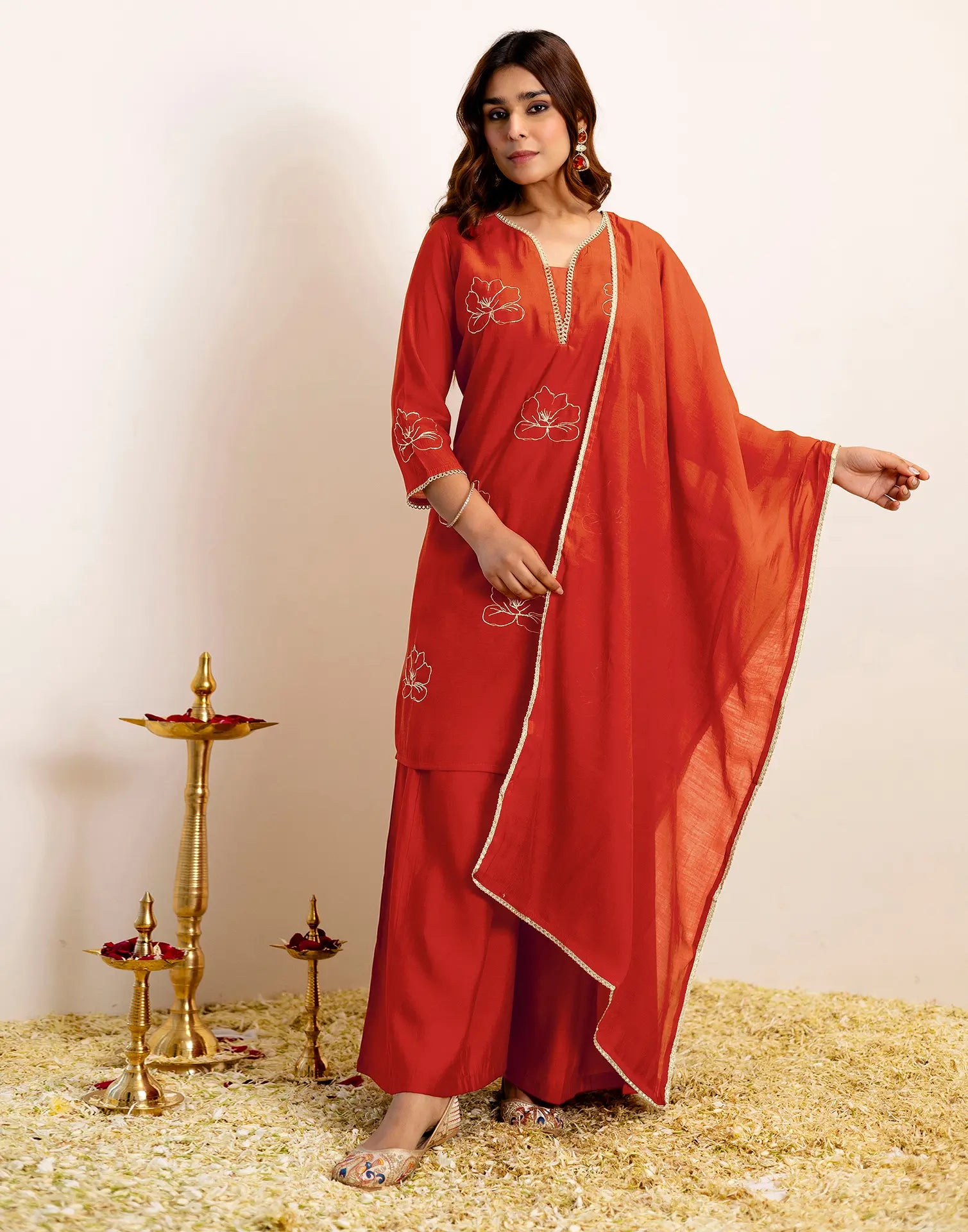 Skylee Silk Embroidered Straight 3 Piece Kurta Set For Woman
