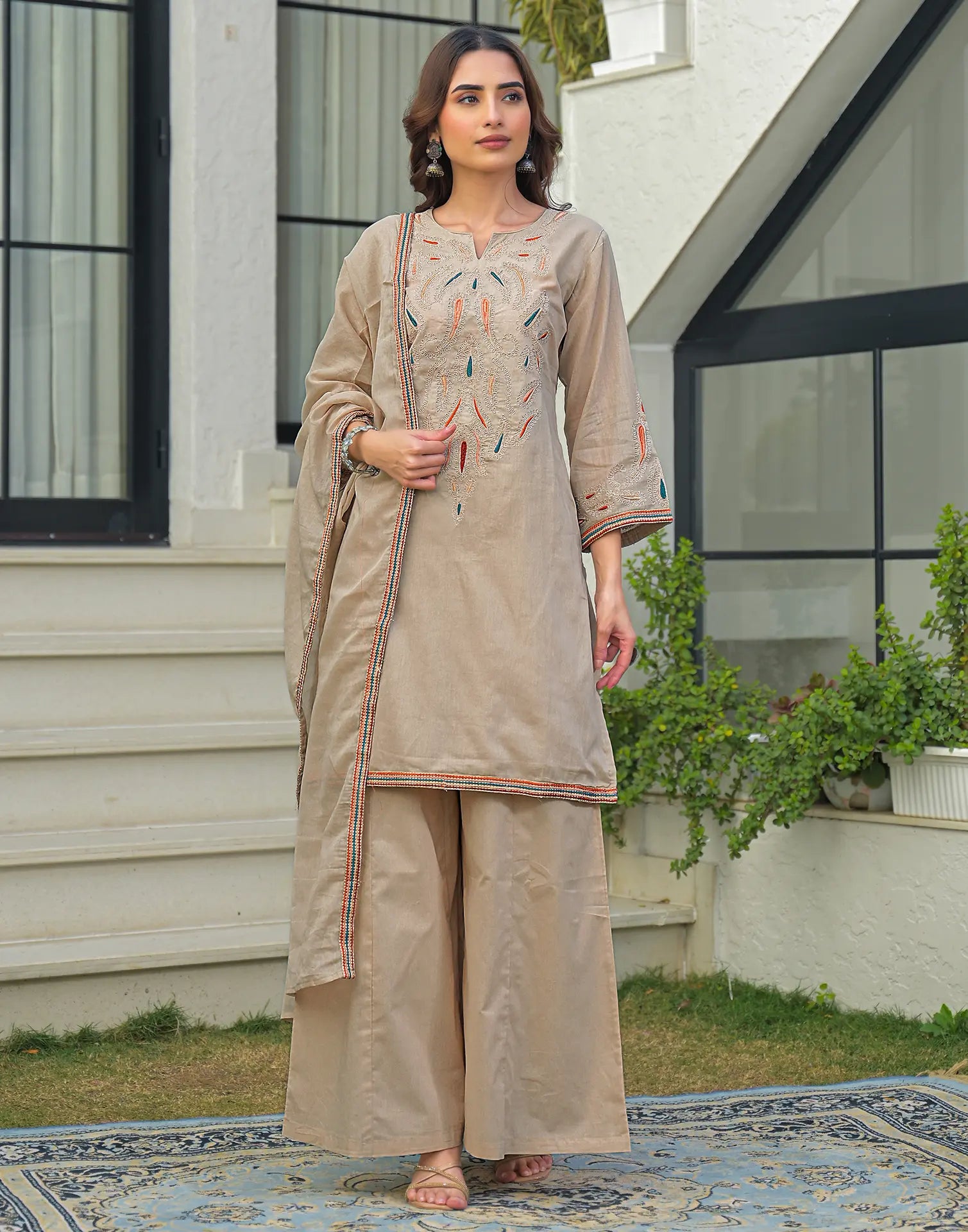 Skylee Cotton Embroidered Straight 3 Piece Kurta Set For Woman