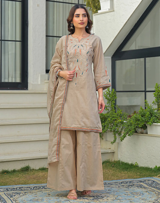 Cotton Embroidered Straight 3 Piece Kurta Set