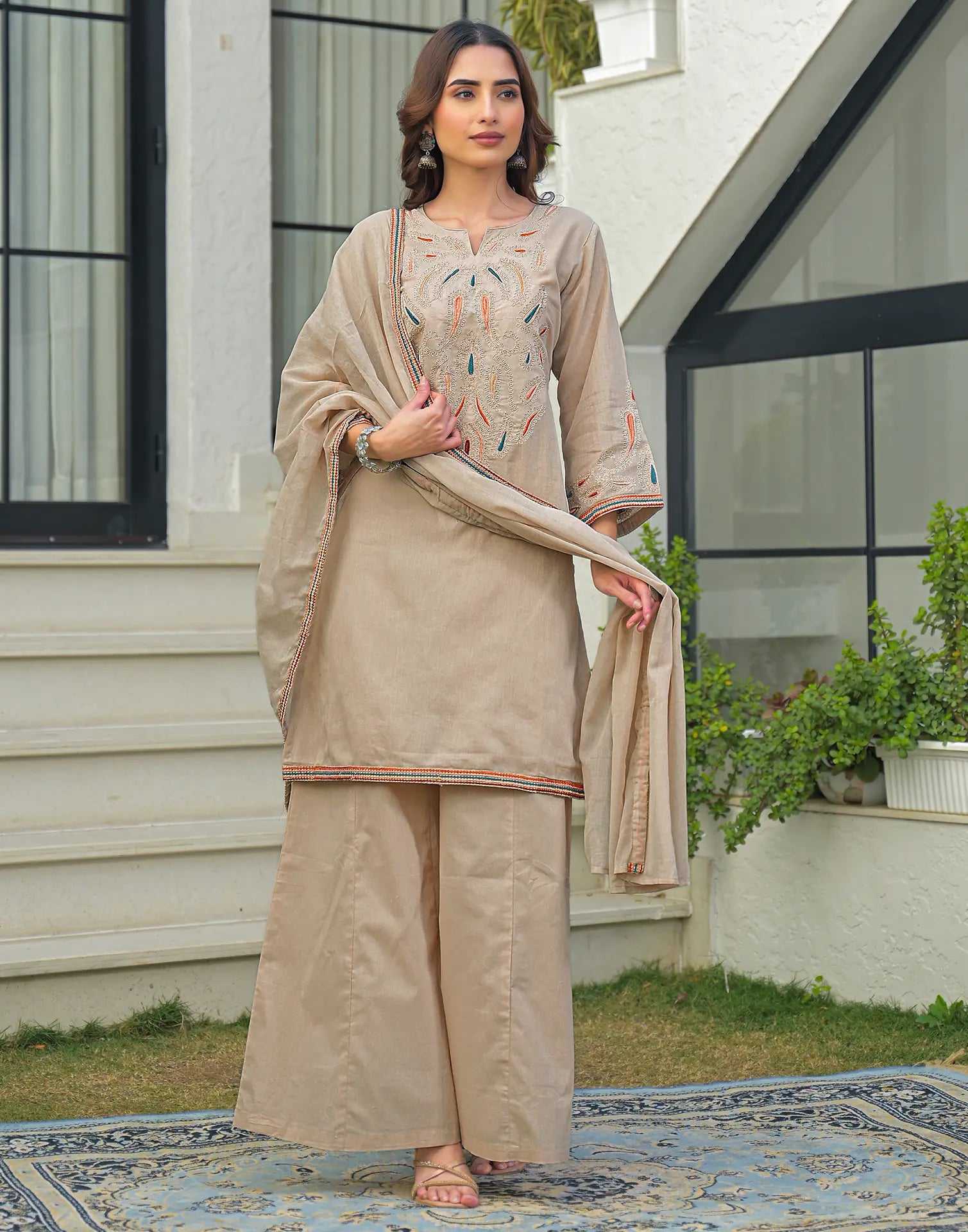 Skylee Cotton Embroidered Straight 3 Piece Kurta Set For Woman