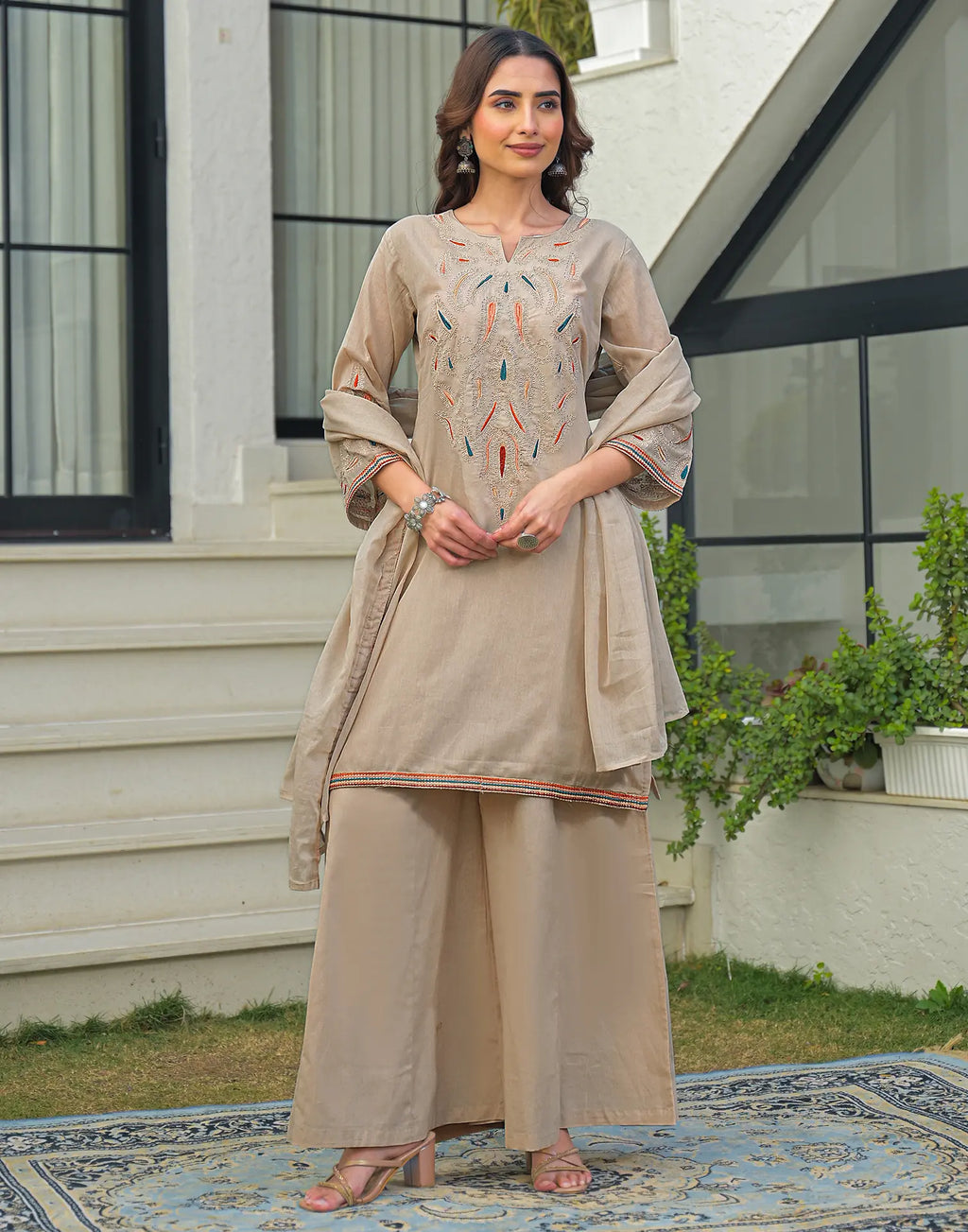 Skylee Cotton Embroidered Straight 3 Piece Kurta Set For Woman