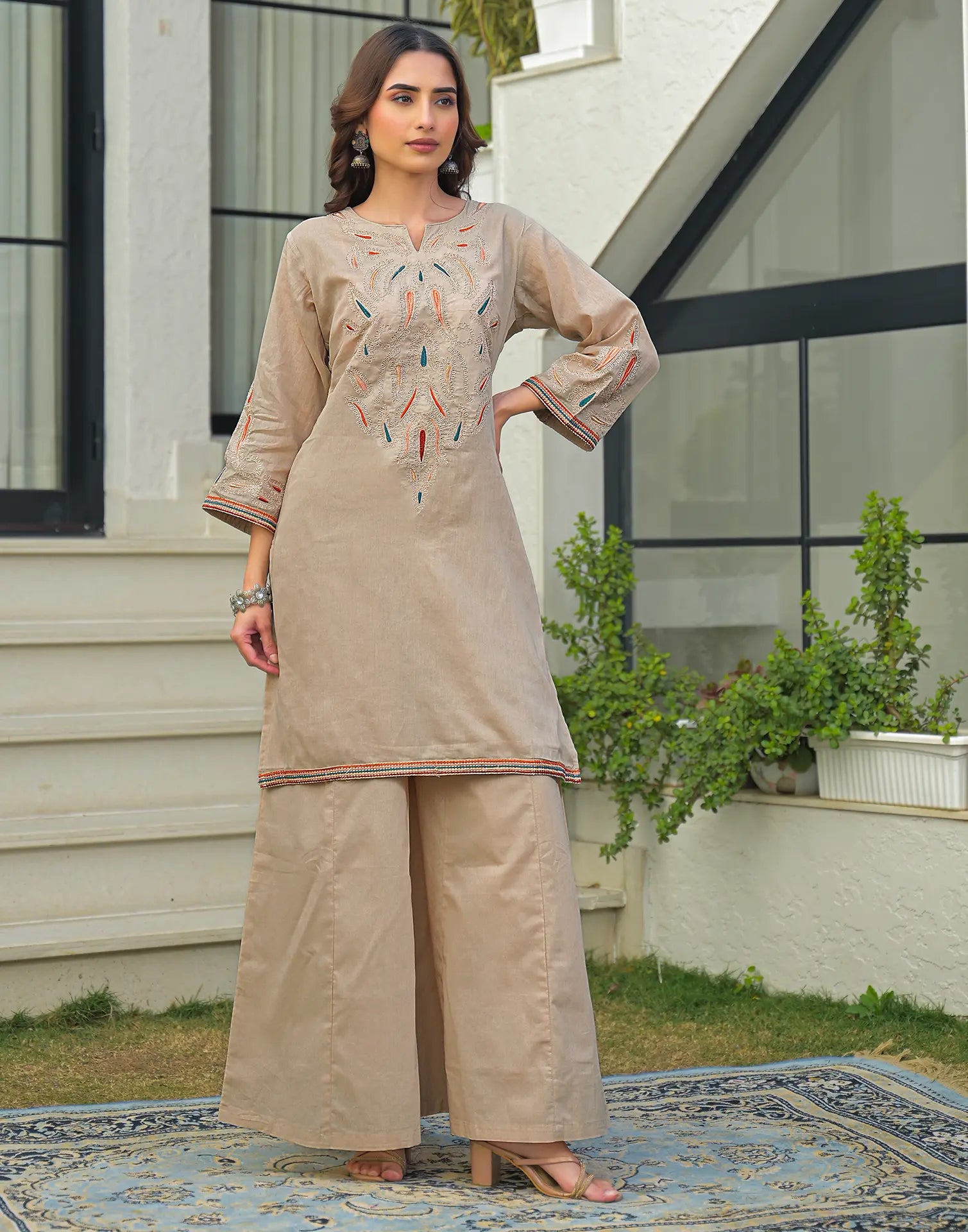 Skylee Cotton Embroidered Straight 3 Piece Kurta Set For Woman