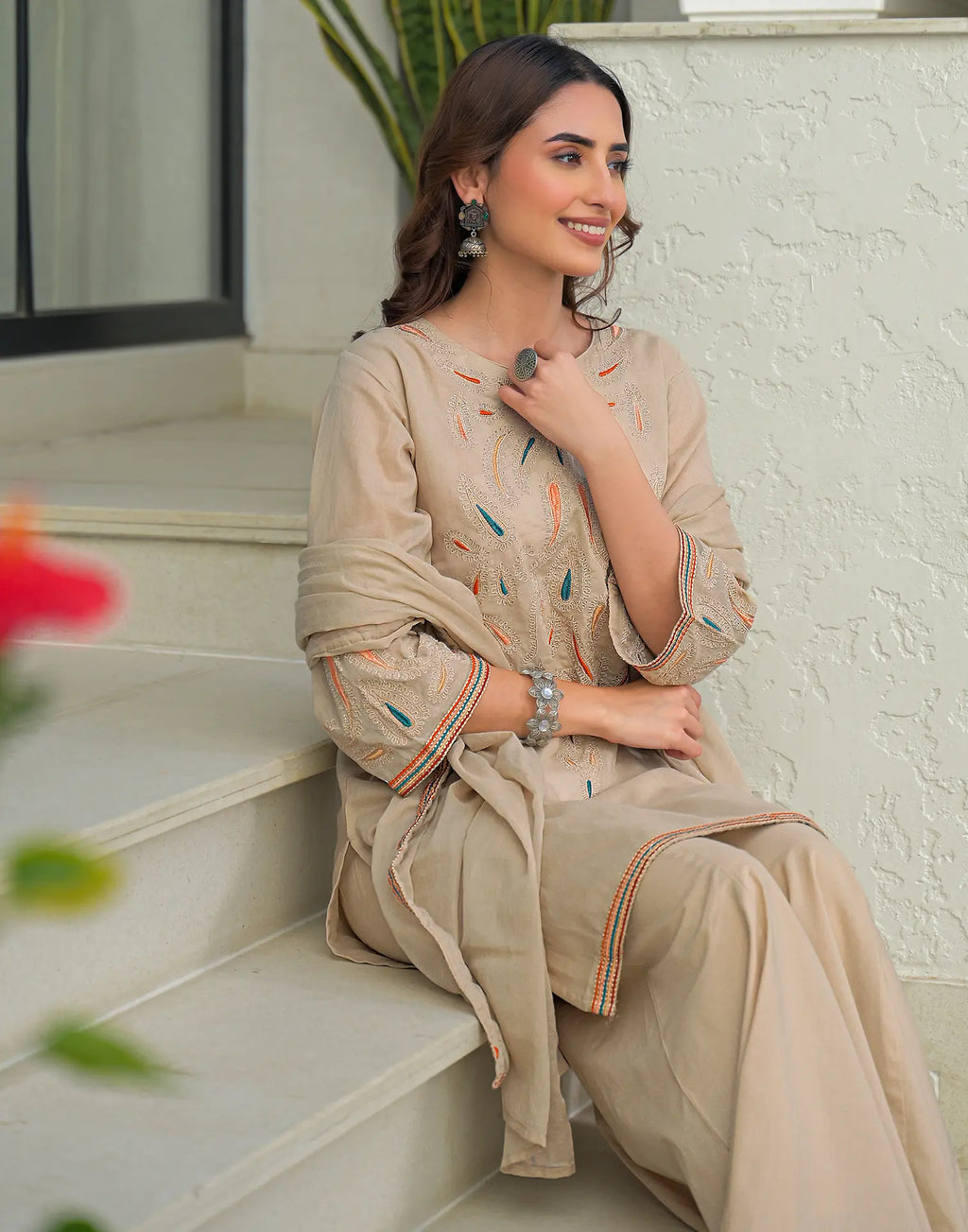 Skylee Cotton Embroidered Straight 3 Piece Kurta Set For Woman