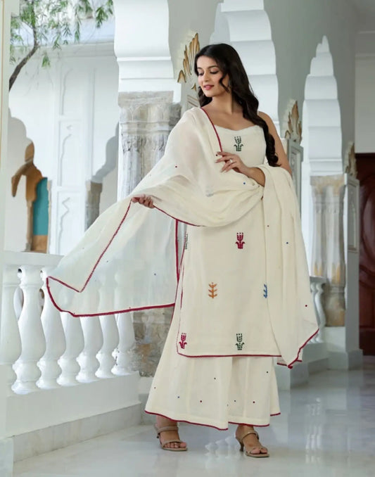 Daisy White Straight Neck Embroidery Palazzo 3 Piece Kurta Set With Dupatta